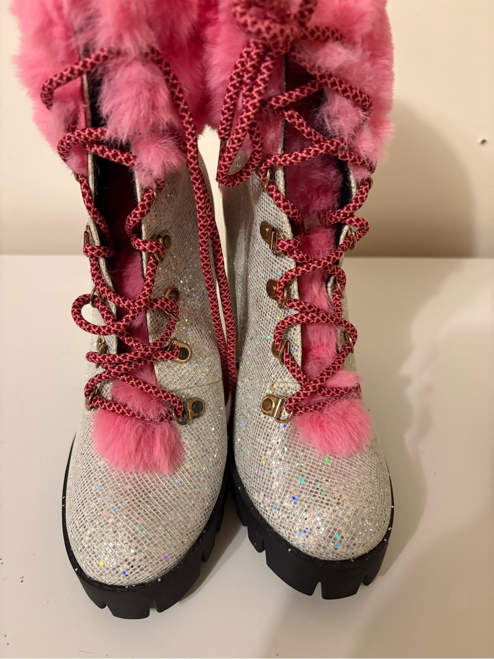 Fashion Nova Sparkle Pink Faux-Fur Boots
